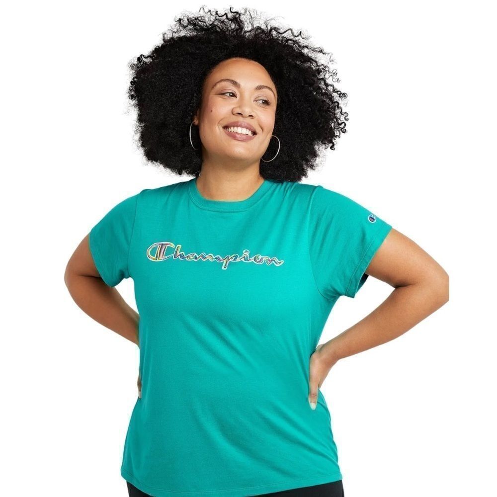 Champion Womens Green Reefs Crewneck Athletic Classic Graphic Tee T-Shirt Size